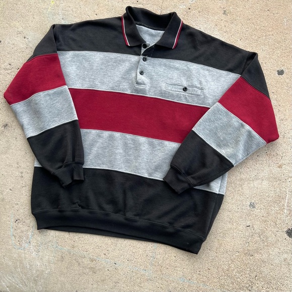 Men’s vintage 80s penguin color block polo red black grey collar sweatshirt gray - Picture 2 of 5